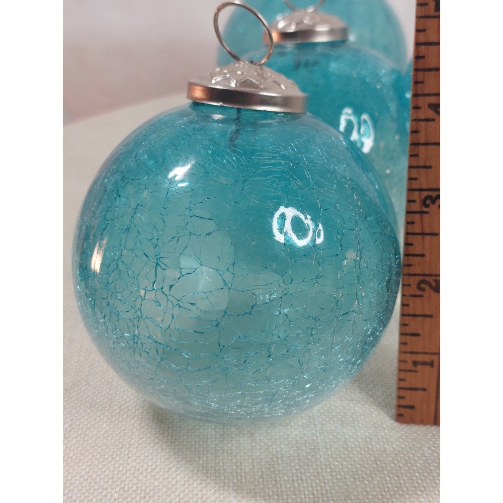 Set Of 3 Large Aqua Blue Crackle Glass Christmas Ornaments Coastal Beach 4" - Picture 6 of 15